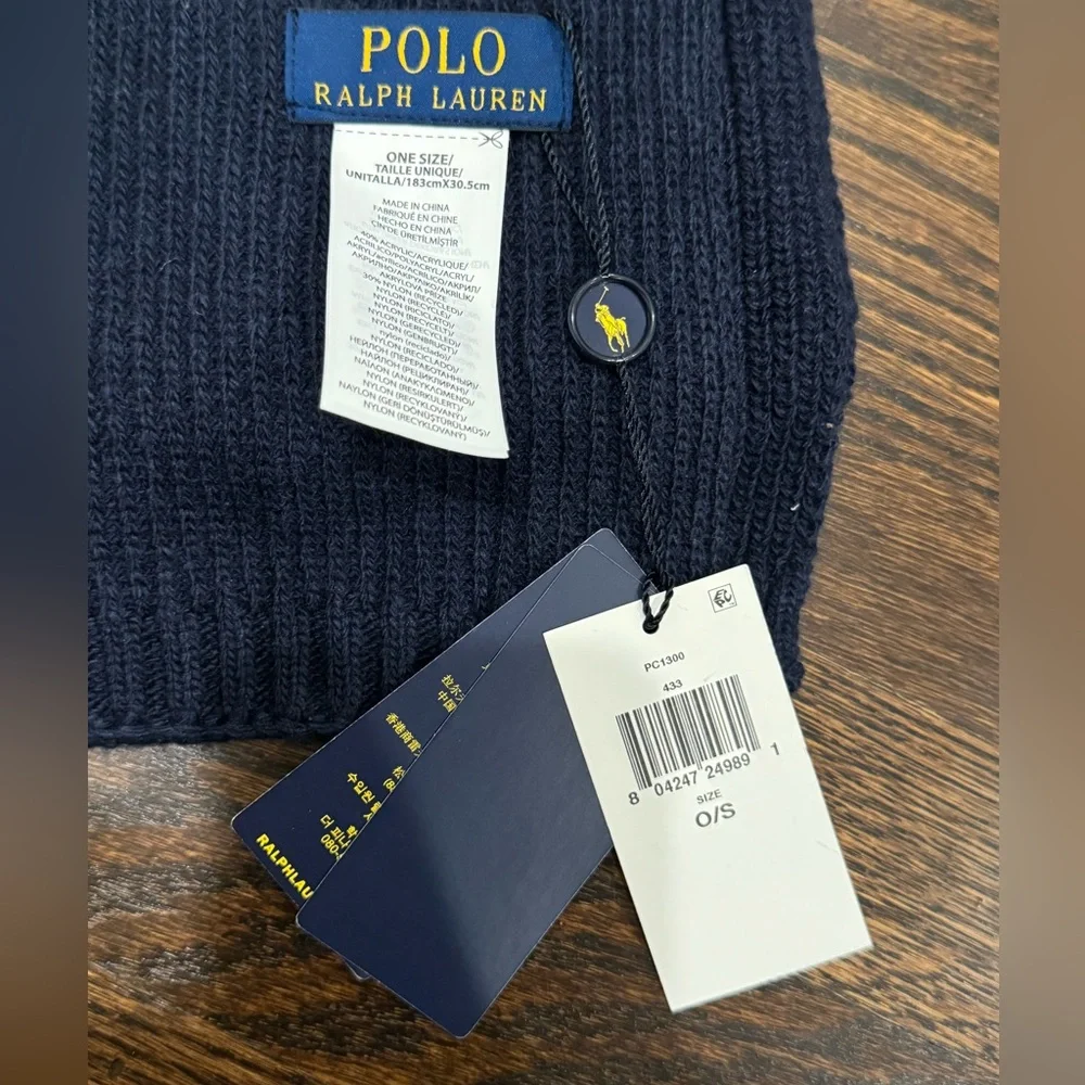 Ralph Lauren Polo Bear Rib-Knit Scarf in navy, wool-blend, with Bear NWT gift